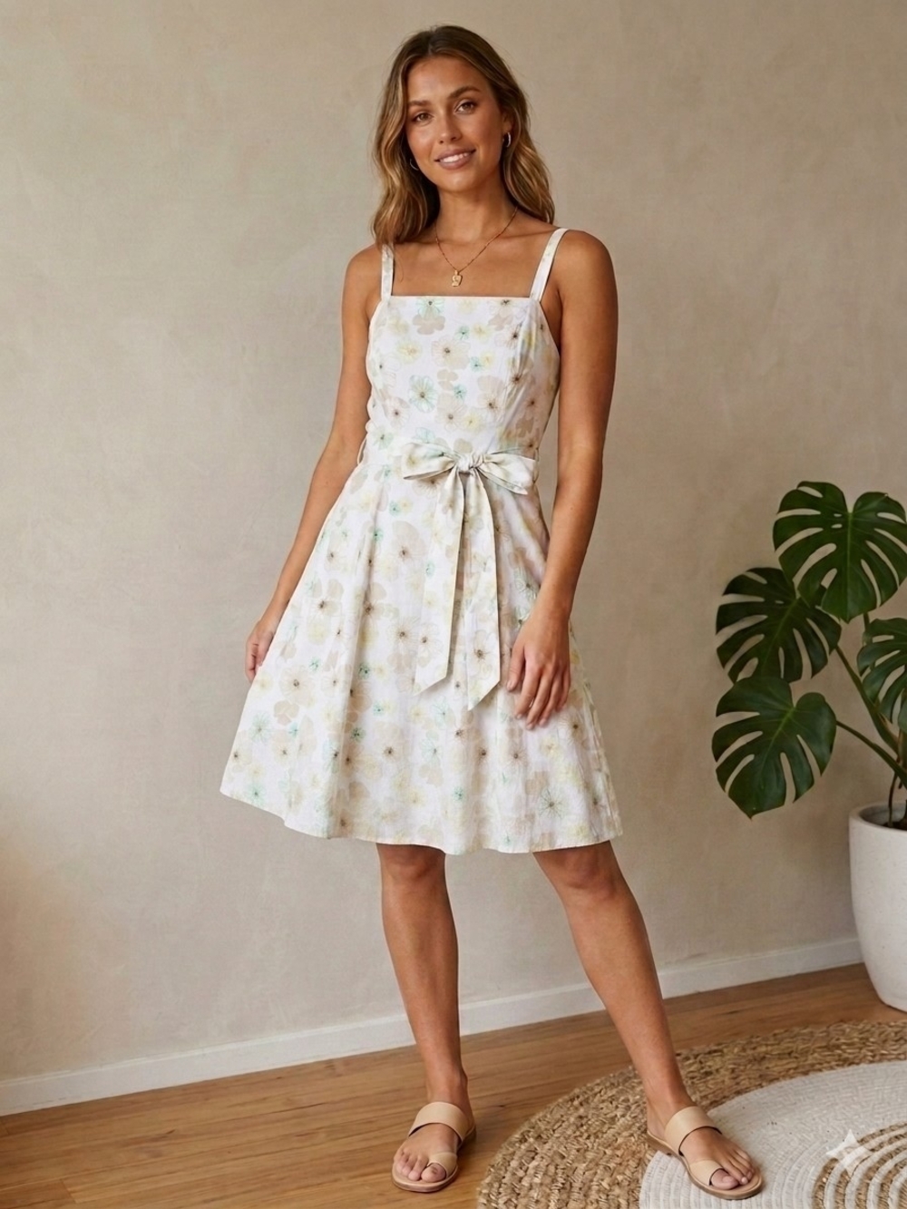 Square-Neck Tie-Waist Midi Dress Cream Floral Coquette Cottagecore Vintage Chic